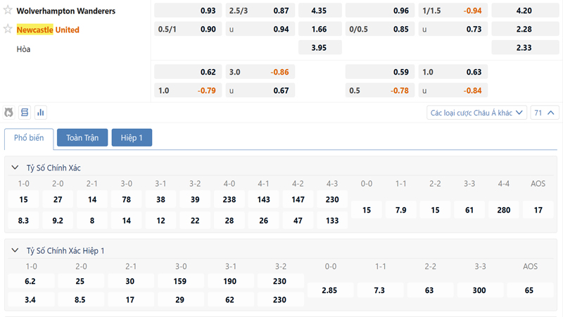 Bang Ty Le Keo Wolves Vs Newcastle