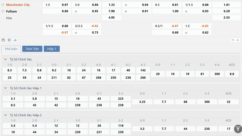 Bang Ty Le Keo Manchester City Vs Fulham